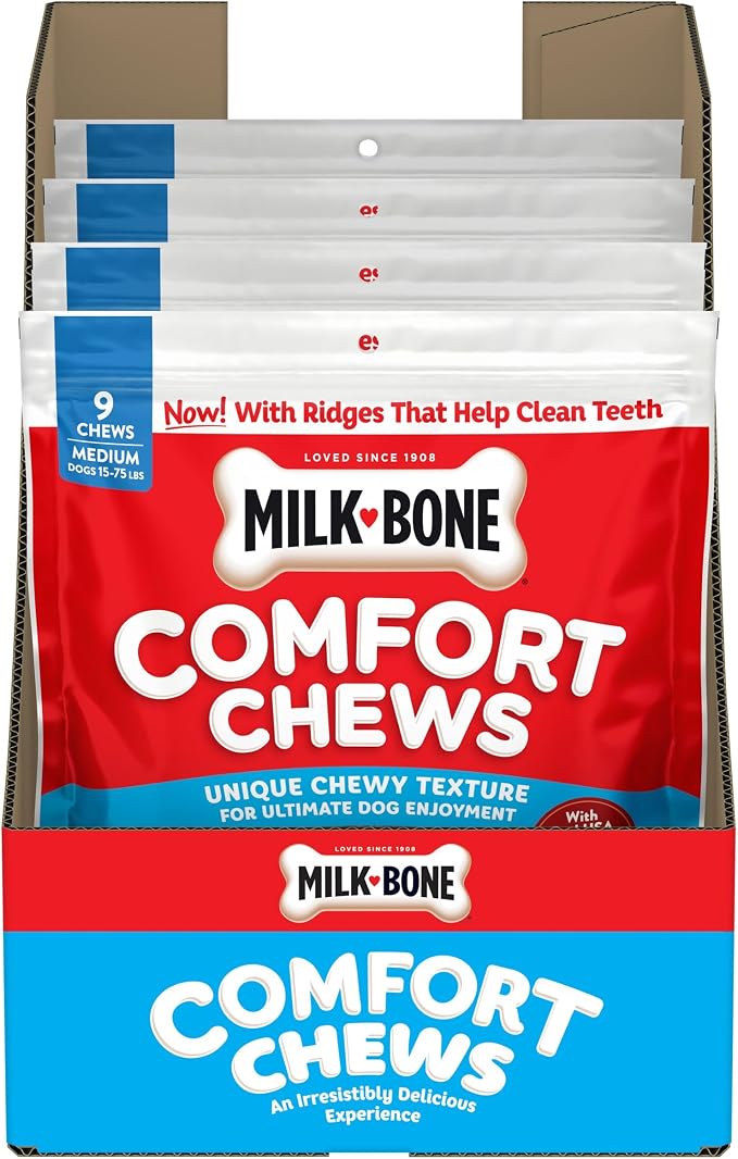 Milk-Bone Comfort Chews, Dog Treats with Unique Chewy Texture and Real Beef, 9 Chews (Pack of 4)