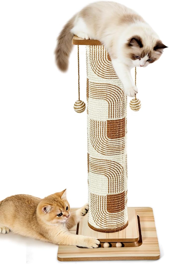 31" Extra Tall Cat Scratching Post, Natural Sisal Cat Scratcher for Indoor Cats Adults & Large Cats, Sturdy Wood Cat Tree Tower with Interactive Ball Track & Top Perch, Modern Design for Home Decor