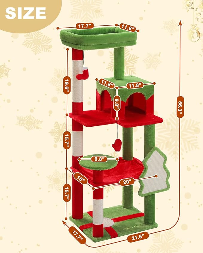 MUTTROS Cat Christmas Tree for Indoor Cats – 56.3“ Cat Proof Christmas Tree Tower with Large Hammock, 3 Scratching Posts & 3 Christmas Toy Balls – Holiday Cat Tree with Festive Decor, Christmas Red