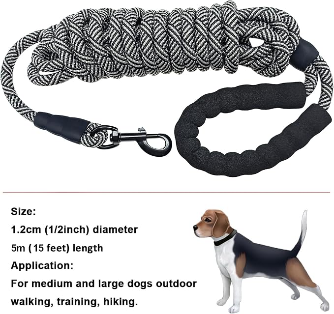 MayPaw Heavy Duty Rope Dog Leash, 3/4/6/7/8/10/12/15/20/30 FT Long Dog Lead Nylon Pet Leash, Soft Padded Handle Thick Lead Training Leashes for Large Medium Dogs (15ft * 1/2", Black)