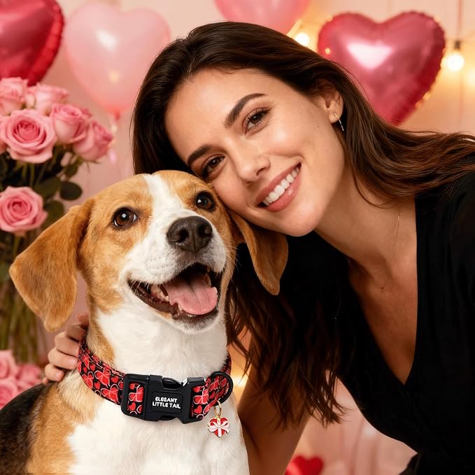 Elegant little tail Valentine's Dog Collar - Red Heart Dog Collars Cotton Puppy Adjustable Pet Collars with Sturdy Quick Release Buckle for Large Dogs