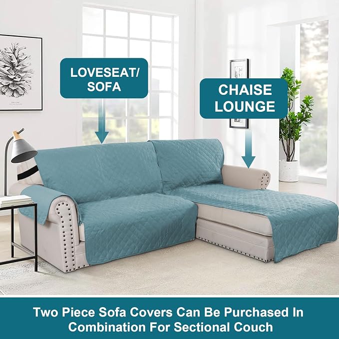 Turquoize 100% Waterproof Sofa Covers Chaise Lounge L Shape Sofa Protector Slip Cover Triple Non-Slip Sofa Slipcover for Chaise Sectional Couch Cover for Pets, Kids (Chaise, Stone Blue)