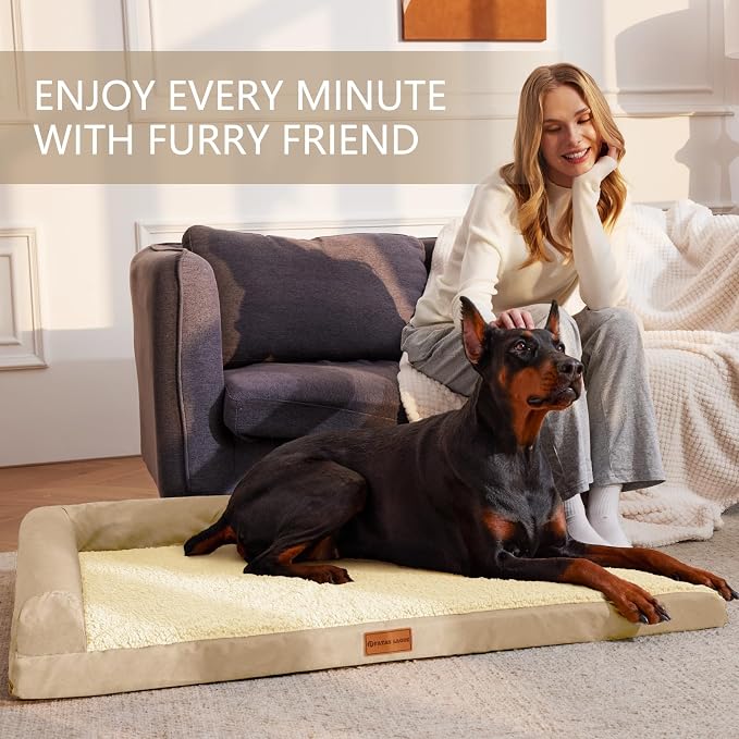 Patas Lague Orthopedic XL Dog Bed Large Sized Dog 42''X28'', Waterproof L Bolster Big Large Pet Sofa Beds with Removable Washable Cover, Soft Pet Couch Crate Mat with Nonskid Bottom, Beige