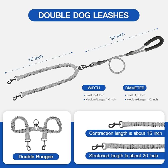 MingXpets Double Dog Leash, Dual Dog Leash, 360° Swivel Tangle Free Bungee Walking Training for Large Medium Dogs, Shock Absorbing Bungee Reflective for Two Dogs, 18~120 lbs, Grey