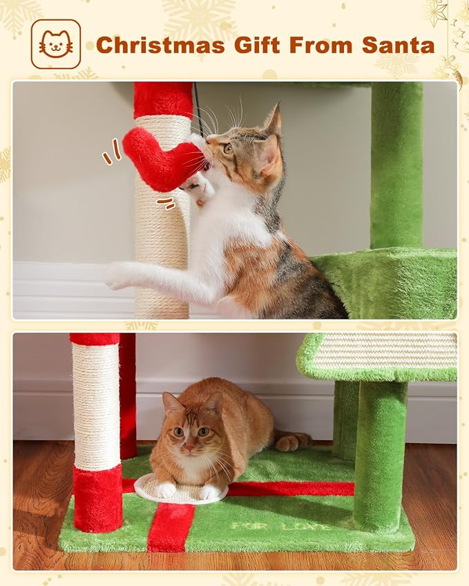 MUTTROS Cat Christmas Tree for Indoor Cats – 56.3“ Cat Proof Christmas Tree Tower with Large Hammock, 3 Scratching Posts & 3 Christmas Toy Balls – Holiday Cat Tree with Festive Decor, Christmas Red