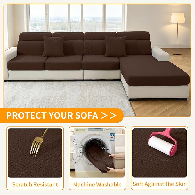 XINEAGE Couch Cushion Covers Seat Cushion Cover Thick Stretch Sofa Slipcovers 2 Piece Individual Couch Covers with Elastic Bottom(2 Seat Cushion/Backrest,Coffee)
