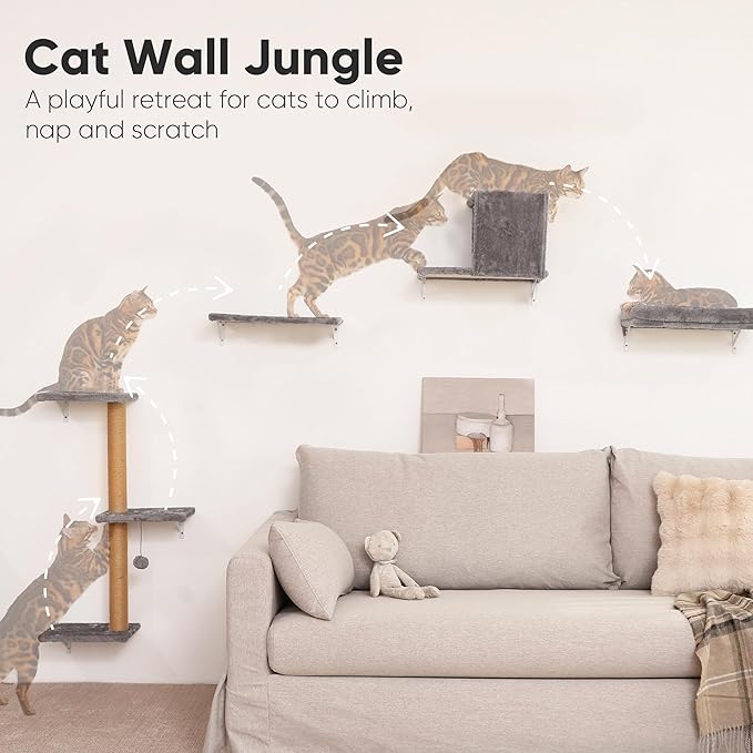 FUKUMARU Cat Wall Shelves, Stable & Safe 4 in 1 Cat Walls Furniture Set, Wooden Kitten Climbing Wall with Scratching Post for 16 Inch Drywall - Light Gray