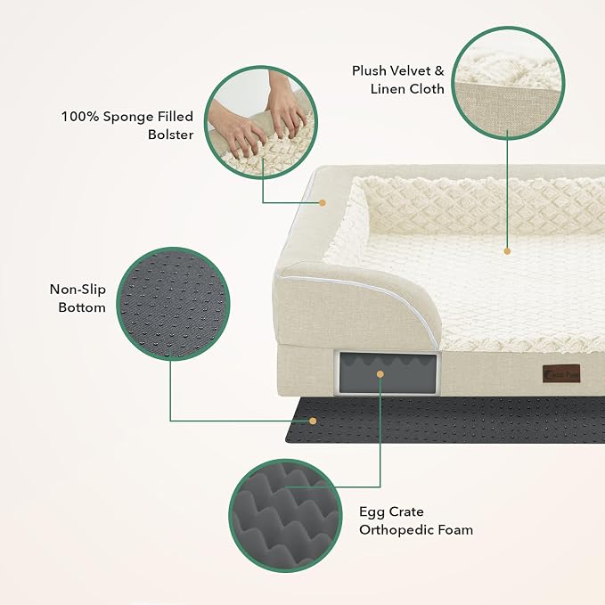 Orthopedic Dog Beds for Large Sized Dogs 36x27 Inch, Waterproof Egg Crate Foam Dog Sofa Bed with Removable Washable Cover Big Pet Couch with Bolster & Non-Slip Bottom, Beige