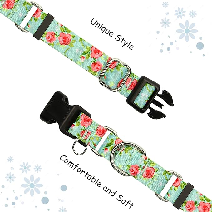 Martingale Collar for Dogs with Buckle Pink Floral Dog Collar No Pull Cute Girl Female Dog Collars for Small Dogs, Green Rose