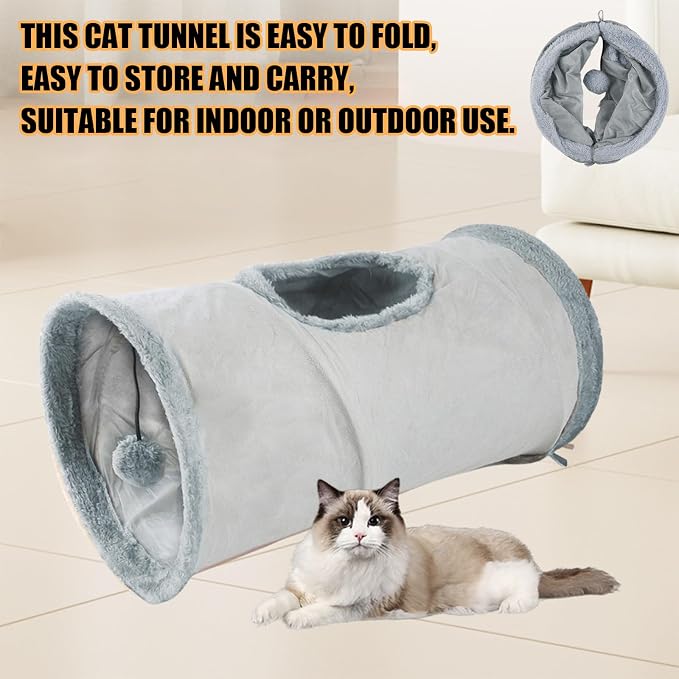 Cat Tunnel,Indoor Cat Play Tube Toys with Play Ball,Durable Collapsible Rabbit Hideaway Tunnel for Kitten,Bunny, Guinea Pig, Rat, Hamster, Ferret, Chinchilla (Grey)