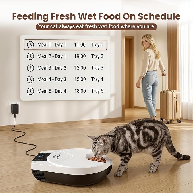 Automatic Cat Feeder Wet Food, Semiconductor Cooling & Heating, 5 Fresh Meals Timed Cat Feeder for 3 Days with Stainless Steel Bowl, Easy to Clean, Programmable Wet Food Dispenser for Cat Dog