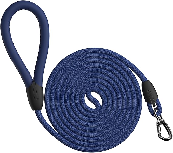 Rope Dog Leash, 6 Feet Leash for Small Dogs, Comfortable Leather Handle, Puppy Lead, Resistant to Dirt and Bite, Strong Nylon Pet Lead for Small, Medium, Large Dogs(Navy Blue, 6 Feet)
