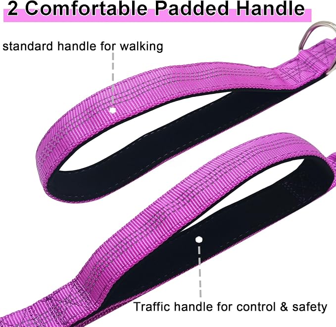 5FT Bungee Dog Leash with 2 Handles, Reflective Strong Nylon Traffic Leash with Shock Absorbing for Large Medium Dogs Walking Training Controlling, Purple