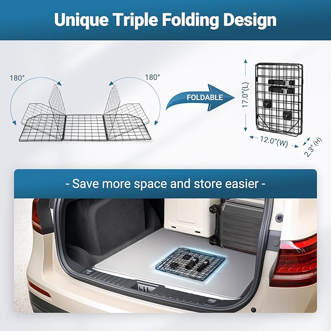 rabbitgoo Dog Car Barrier for SUVs, Adjustable Large Pet Gate, Universal-Fit Divider Cargo Net, Heavy-Duty Wire Mesh Dog Barrier SUV, Van Vehicles Subaru Car Accessories Safety Travel, Triple Folding