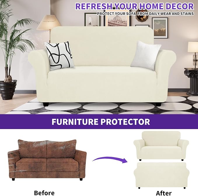 ZNSAYOTX Super Stretch Loveseat Covers (57"-70"), New Striped Love Seat Slipcover, Dogs Pet Friendly Anti-Slip Couch Protector Spandex Durable 2 Seater Fabric Sofa Cover (Beige, Loveseat)