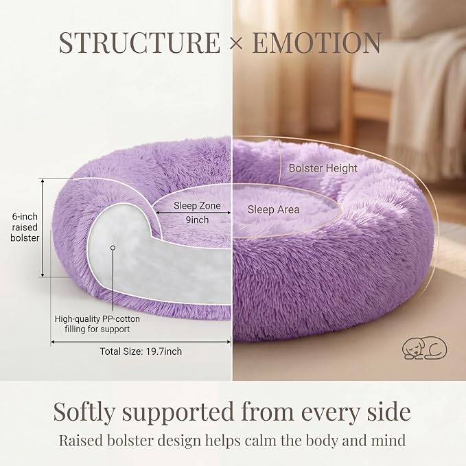 Calming Donut Dogs Beds for Small Dogs Washable,19inch Fluffy Round Puppy Bed for Puppies,Cats & Toy Breeds with Raised Rim,Fits up to 15 lbs Pets,Purple