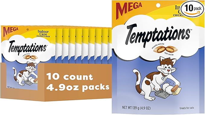 Temptations Cat Treats Indoor Care, Classic Crunchy and Soft Cat Treats, Tasty Chicken Flavor, 4.9 oz. Pouch (Pack of 10)