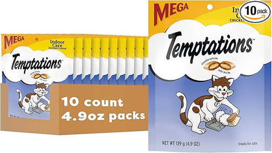 Temptations Cat Treats Indoor Care, Classic Crunchy and Soft Cat Treats, Tasty Chicken Flavor, 4.9 oz. Pouch (Pack of 10)