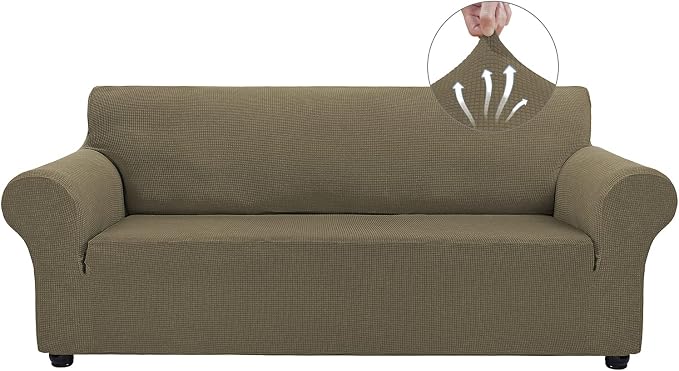Asnomy Couch Covers for 3 Cushion Couch Stretch Sofa Covers Slipcovers, Pet Protector Furniture Covers for Dogs Cats Spandex Jacquard Fabric Small Checks （Large，Khaki）