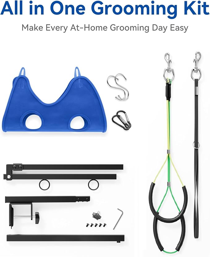 Adjustable Foldable Dog Grooming Arm with Clamp, 26–40 in Height, Safety Hammock & No-Sit Holders, Grooming Restraint for Small & Medium Dogs