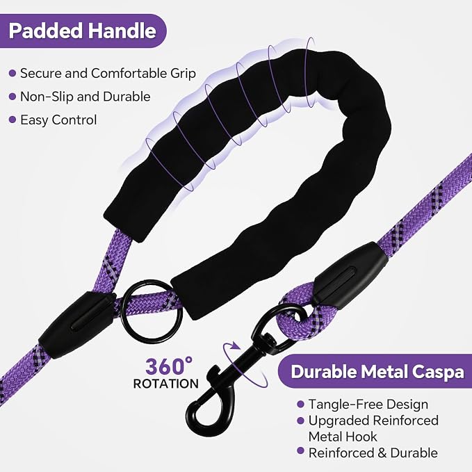 Heavy Duty Dog Leash - 4.9 FT for Large and Small Dogs - Strong Nylon, Comfortable Handle, Reflective Stitching - Ideal for Walking, Training, and Outdoor Activities, Purple