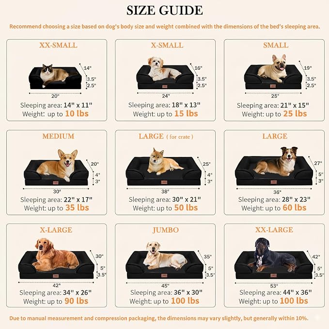 Comfort Expression Orthopedic Dog Bed for Extra Large Dogs 42x30 Inch, Waterproof Supportive Egg Crate Foam XL Pet Bed with Removable Bolsters, Dog Couch with Washable Cover & Non-Slip Bottom, Black
