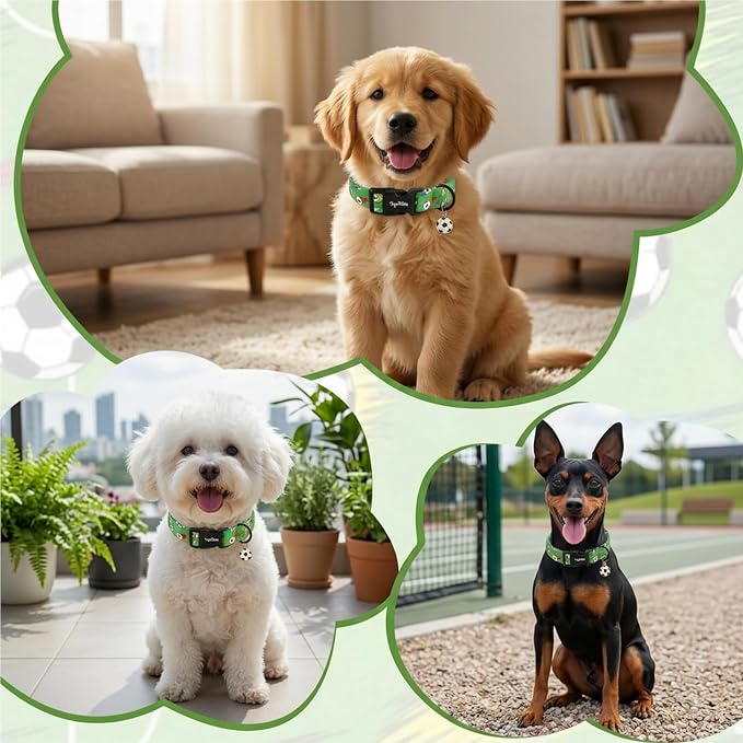 Soccer Dog Collar, Cute Green Puppy Collars with Adjustable Buckle, Soft Cotton Pet Collar for Small Medium Large Dogs, Girl or Boy Dog for Gifts & Daily Use-S