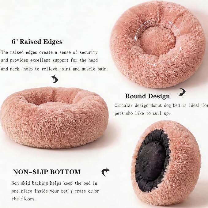 Calming Donut Dogs Beds for Small Dogs Washable,23inch Plush Round Pet Bed for Cozy Sleep,Fluffy Faux Fur Large Cat Bed,Fits up to 25 lbs Pets,Pink