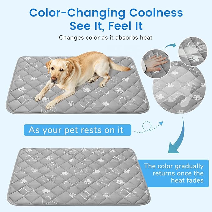 BINGPET Dog Cooling Mat, 35''x23'' Large Upgraded Thickened Cooling Fiber Endothermic Color Changing Pad, Non-Slip Summer Pet Blanket, Foldable Washable Non-Toxic Pet Mat for Indoor Outdoor Use