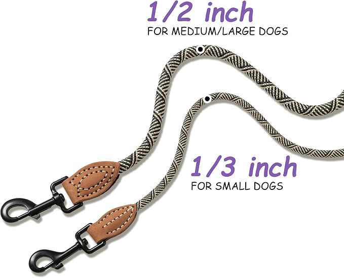 Mile High Life Small Dog Leash, Thin Rope Leash with Genuine Leather Connection and Heavy Duty Metal Clasp, Great for Small Medium Dogs(White,60 Inch-1/3)