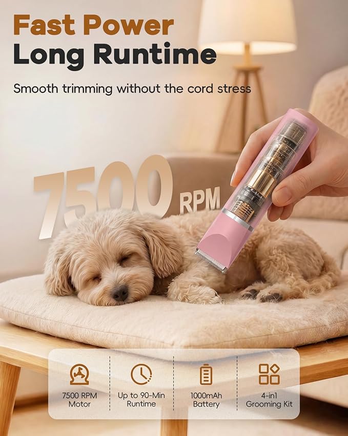 Veeconn Dog Grooming Clippers Kit-Electric Rechargeable Cat Trimmer Tools-Cordless Quiet Pet Nail Paw Grinder-4 in 1 Multifunctional Low Noise Shaver-Razor for feet Face Ears Toenail Eye (Pink)