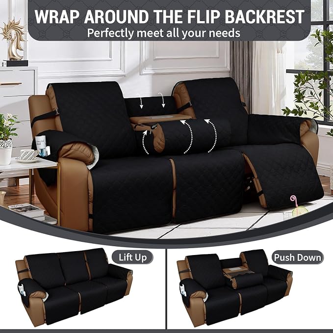Waterproof Recliner Sofa Covers with Flipped Middle Backrest Washable Recliner Couch Covers Non-Slip with Elastic Straps Furniture Protector for Kid Dogs Pets (Black)