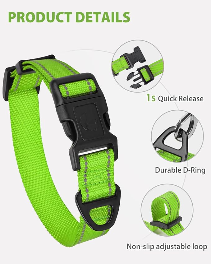 Joytale Extra Large Dog Collar, Wide Double-Sided Reflective Nylon Collar for Night Safety, Adjustable Quick-Release for Gentle Giants, Green, XL (1 1/4" Width)