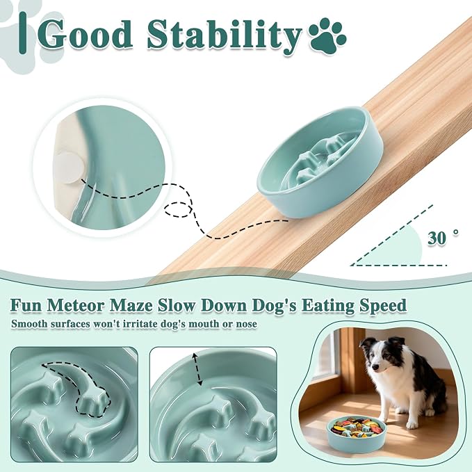 Ceramic Slow Feeder Dog Bowls, 0.6 Cups Dog Food Dish for Small and Medium Breed, Puzzle Dog Food Bowl for Fast Eater, 15OZ, 6.3 inch(Light Green)