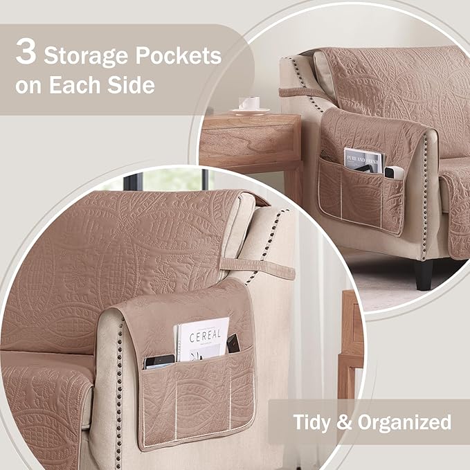 Quilted Recliner Chair Covers, Water-Repellent Recliner Slipcovers, Recliner Covers Stay in Place, Pet Friendly Recliner Cover for Dogs, Washable Couch Protector (Recliner 22", Dusty Pink)