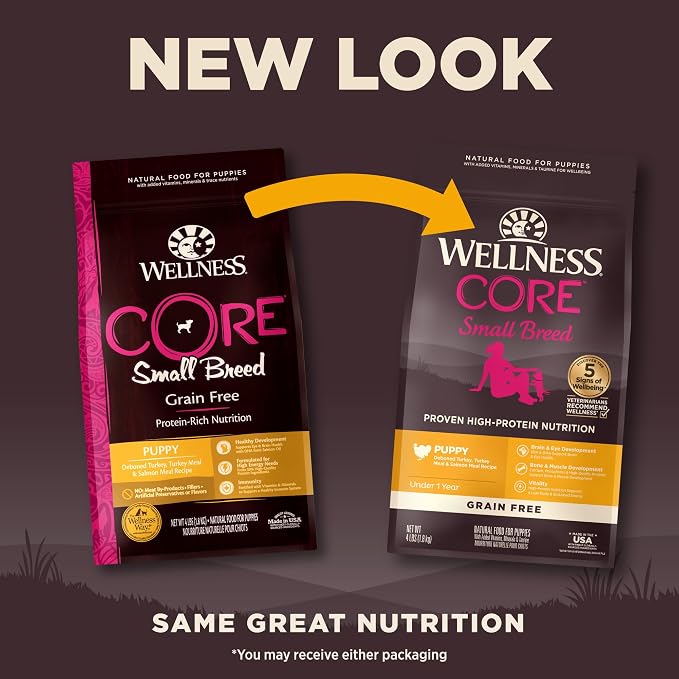 Wellness CORE Small Breed Puppy Dry Dog Food, Grain Free Kibble, Natural, High Protein, Turkey and Salmon Recipe, 4 lb Bag