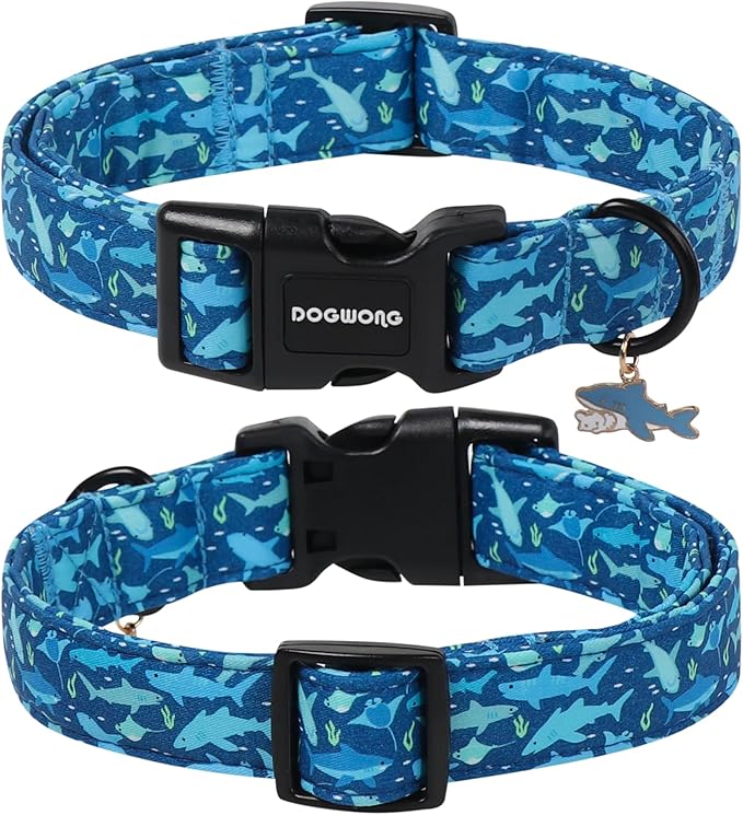 DOGWONG Summer Dog Collar for Large Dogs, Beach Hawaiian Shark Dog Collars, Blue Summer Boy Dogs Collars for Large Dogs, Neck 42-66 inches
