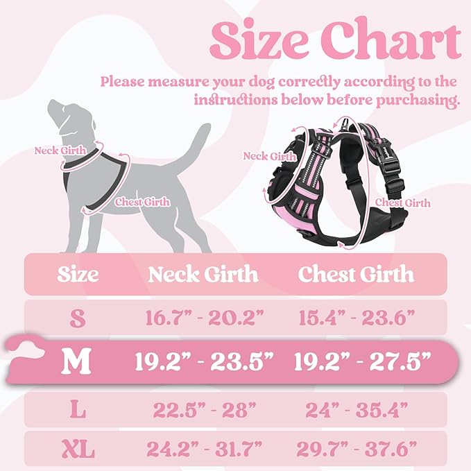 rabbitgoo Dog Harness Medium Sized, No Pull Easy On & Off with 3 Buckles Pet Harness, Adjustable Soft Walking Vest with 2 Clips and Handle, Reflective for Medium Dogs, Pink, M