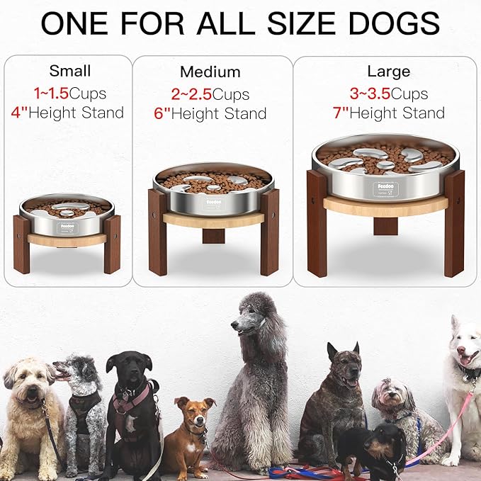 Elevated Dog Bowl Stand, 4'' Height Raised Stand for Small Dogs, Includes 1Cup Stainless Steel Slow Feeder Dog Bowl, Durable Solid Hardwood
