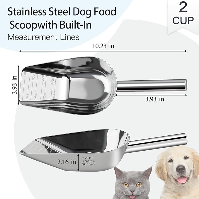 Dog-Cat Food Scoop 1 Cup – Thickened 304 Stainless Steel Pet Food Scoop with Long Handle, Precision Scale, Easy to Clean, for Wet Dry Food