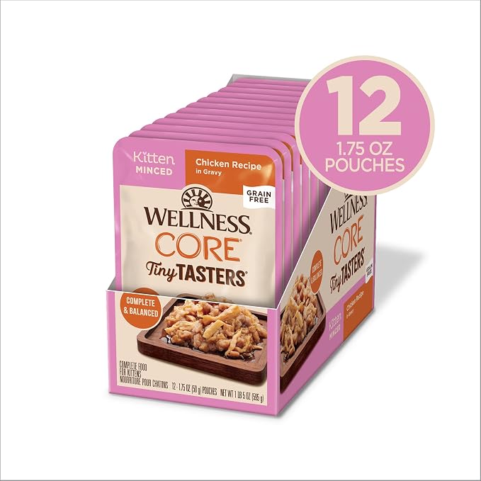 Wellness CORE Tiny Tasters Minced Kitten Wet Cat Food,Natural,Protein-Rich,Grain Free,1.75-Ounce Pouch,(Chicken),(Pack of 24)