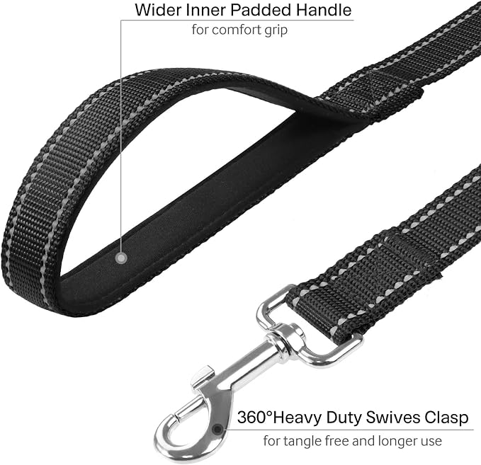 FunTags 4FT Black Reflective Dog Leash for Medium & Small Dogs Training, Soft Padded Handle Comfortable Grip, Heavy Duty Nylon, Reflective for Night Walking, 3/4in Wide