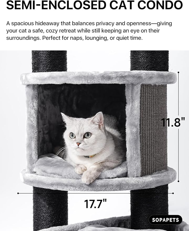 Extra Large Cat Tree for Maine Coon,65 Inches Tall Cat Tree Tower for Indoor Cats Large Adult 20 lbs,XXL Heavy Duty Luxury Sturdy Cat House with Big Hammock,Sisal Scratching Post,Condo,Grey