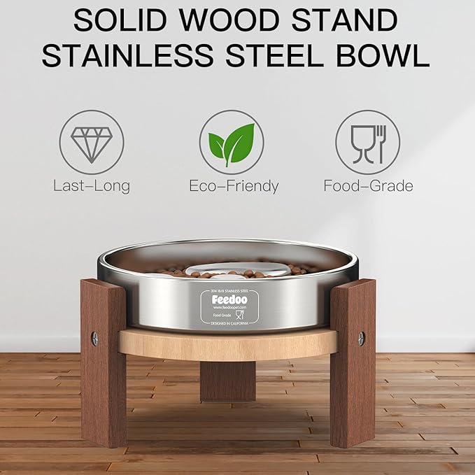 Elevated Dog Bowl Stand, 4'' Height Raised Stand for Small Dogs, Includes 1Cup Stainless Steel Slow Feeder Dog Bowl, Durable Solid Hardwood