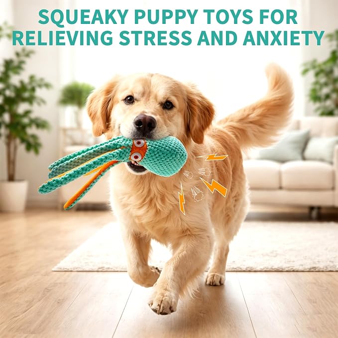 Fuufome Squeaky Octopus Plush Dog Toy for Small Medium Dogs, Soft Crinkle Chew Toy for Puppies Teething, Indoor Interactive Tug-of-War Dog Toy