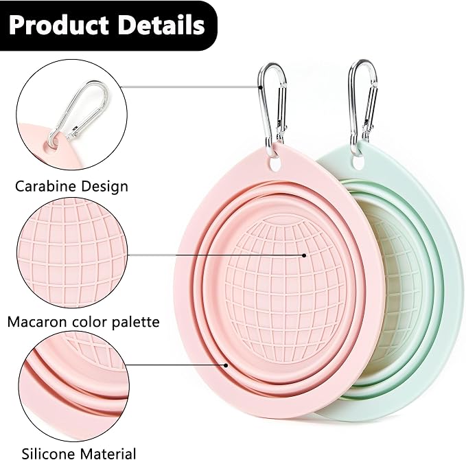 3 Pack Collapsible Dog Bowls,Pet Bowls with Pet Poop Bag Dispenser Set,Portable Silicone Travel Dog Bowls for Walking,Hiking,Camping,Outdoor Travel(Pink&Green)