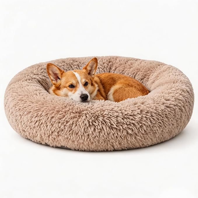 Calming Large Donut Dog and Cat Bed, Anti-Anxiety Round Soft Fluffy Plush Faux Fur Washable Anti-Slip Pet Bed for Medium Dogs Up to 35 lbs 28in (Camel)