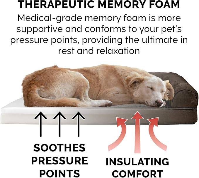 Furhaven Memory Foam Dog Bed for Large Dogs w/ Removable Bolsters & Washable Cover, For Dogs Up to 125 lbs - Plush & Suede Sofa - Espresso, Jumbo Plus/XXL