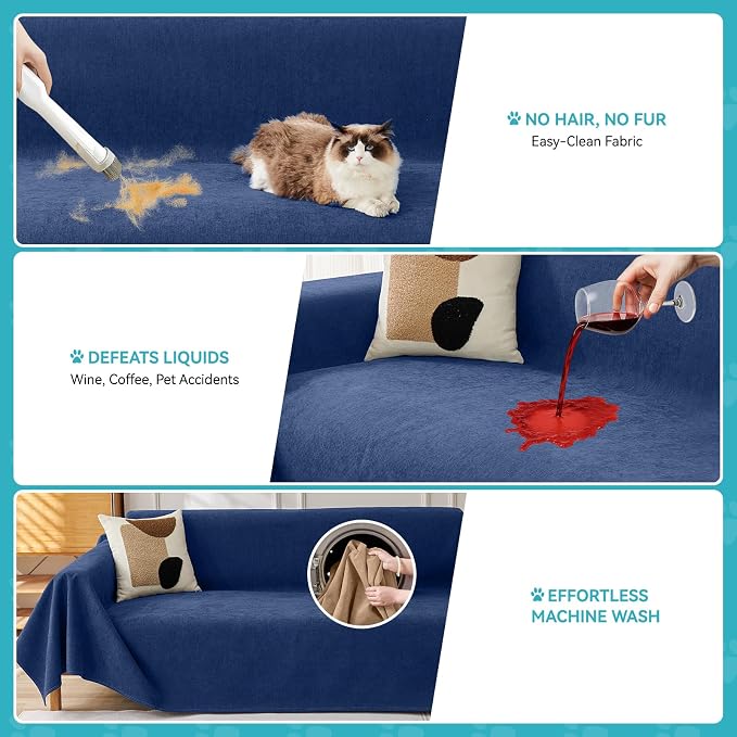 Warmstar Couch Protector from Cat Claws, Waterproof Couch Cover Anti Slip,Couch Cover 3 Cushion Sofa Washable,Anti-Scratch Pet Sofa Cover Heavy Duty,71"X150", Blue