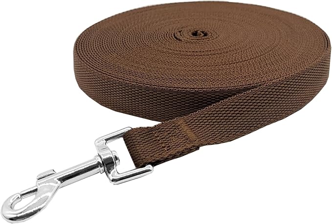 Nylon Training Dog Leash for Small Medium Large Dogs, 15ft 20ft 30ft 50ft Long Leash Dog/Puppy Lead for Obedience Recall Training, Camping (1" x 20ft, Brown)